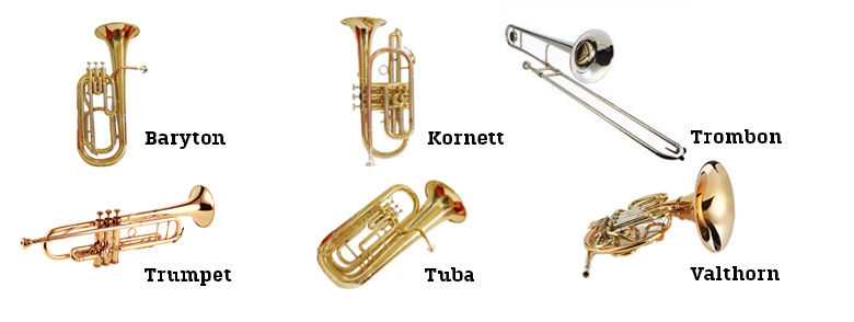 Bild på olika bleckblåsinstrument