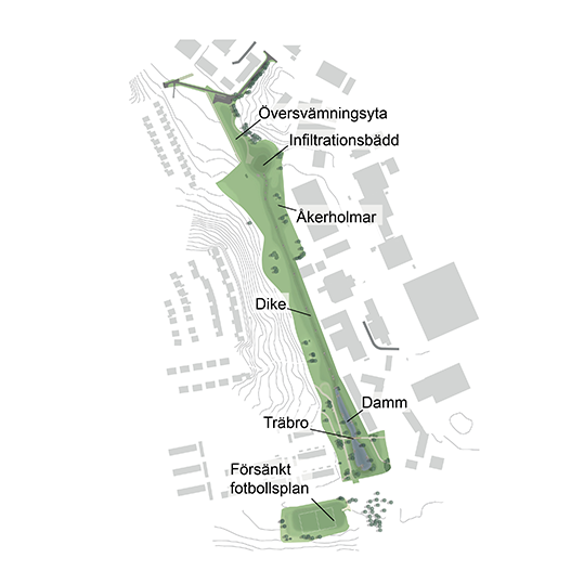 Karta som visar de nya funktionerna med dagvattenparken i Viksjö.