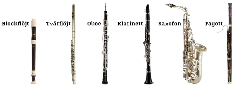 Bild på sex olika träblåsinstrument