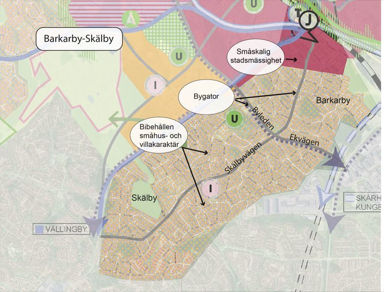Bild visar planeringsprinciper för möjlig utveckling i Barkarby-Skälby