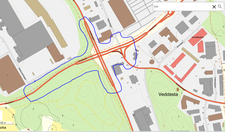 Kartbild som visar var drönarundersökningarna kommer genomföras. Market område är korsningarna Viksjöleden/Nettovägen/Veddestavägen, Viksjöleden/Järfällavägen och Viksjöleden/Elektronikhöjden.